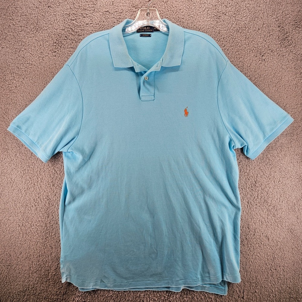 Polo Ralph Lauren Mens XL Custom Fit Short Sleeve Polo Shirt Light Blue Orange